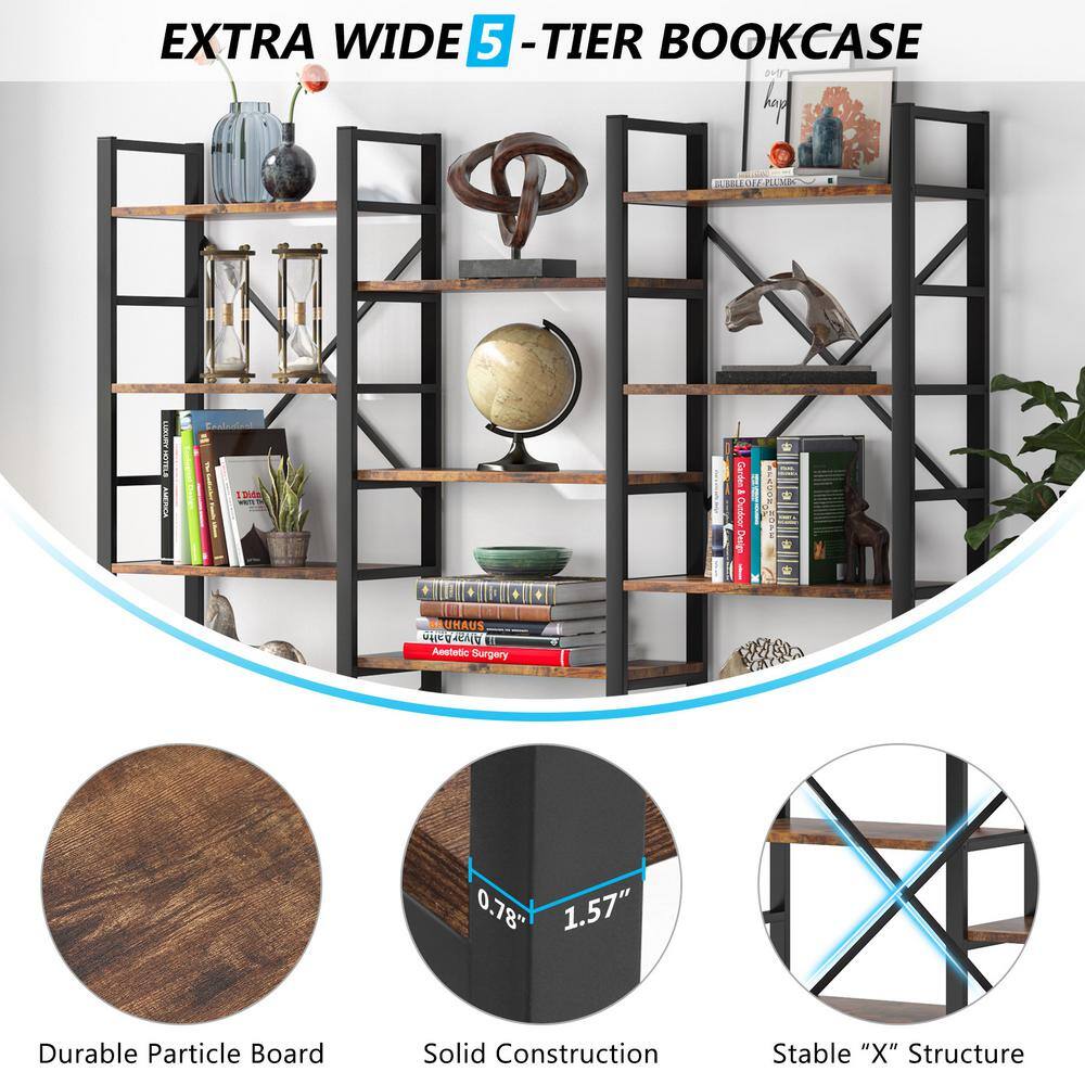 Tribesigns Earlimart 70.9 Vintage Brown Wood Triple Wide 5-Shelf Bookcase Industrial Etagere Large Open Bookshelf for Display TJHD-HOGA-C0222