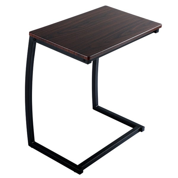 Sofa Side Table， C Shaped End Table， Portable Bedside Workstation， Laptop Holder with Metal Frame， Small Spaces， Coffee Brown