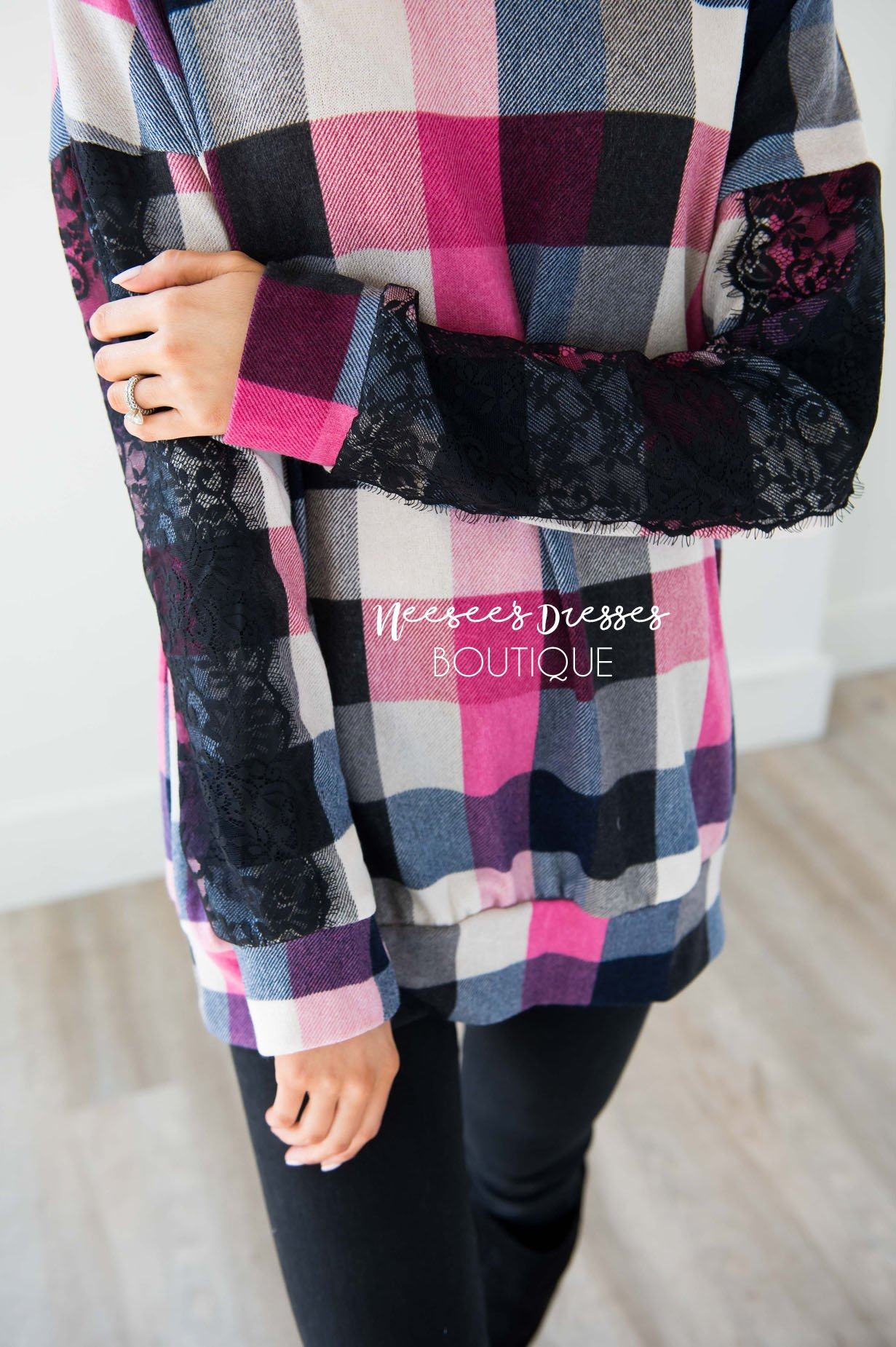 Bright Pink & Black Plaid Lace Sleeve Sweater