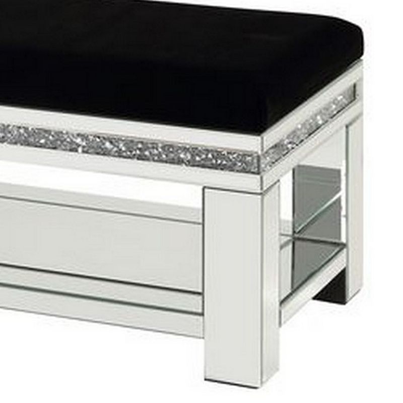 Mirrored Storage Bench with Faux Diamonds and Open Shelf， Silver