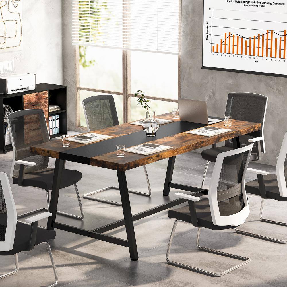 Tribesigns Cassey 70.9 in. Rectangle Conference Table 6 ft. Meeting Table Rustic Brown With Black Wood Computer Desk CT-F1596