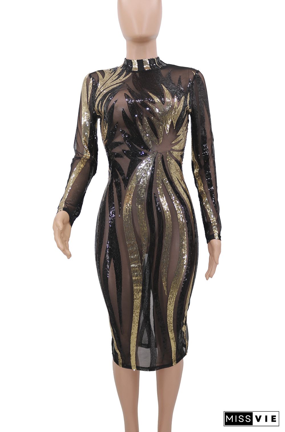 Sexy Sequined Full Sleeves Tight Nightclub Midi Dress