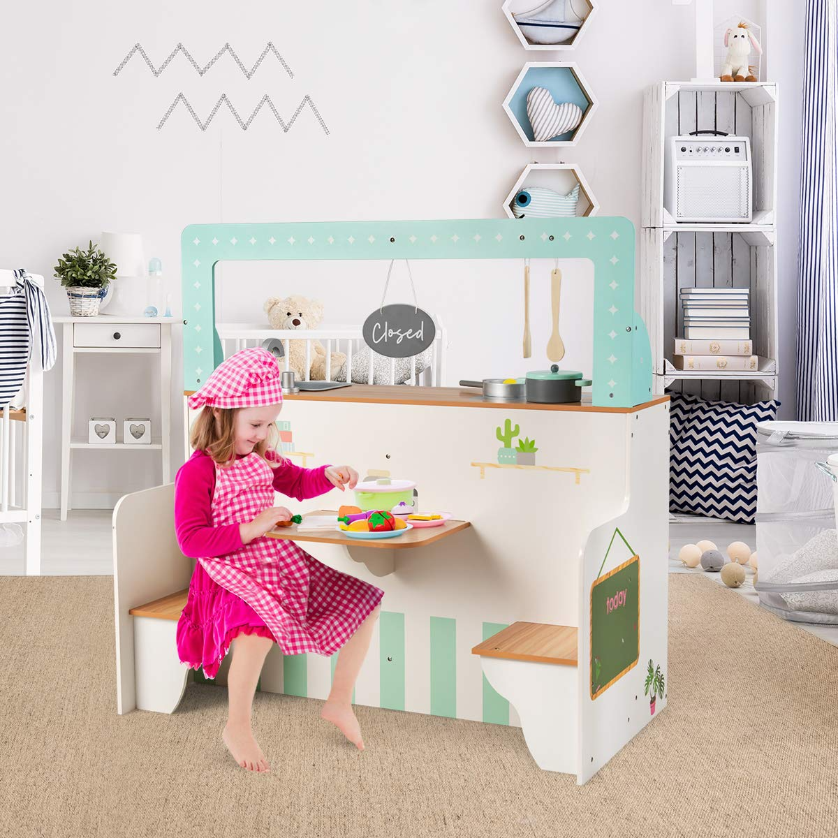 Costzon 2 in 1 Kids Play Kitchen and Restaurant, Double Sided Wooden Pretend Cooking Playset with Sink