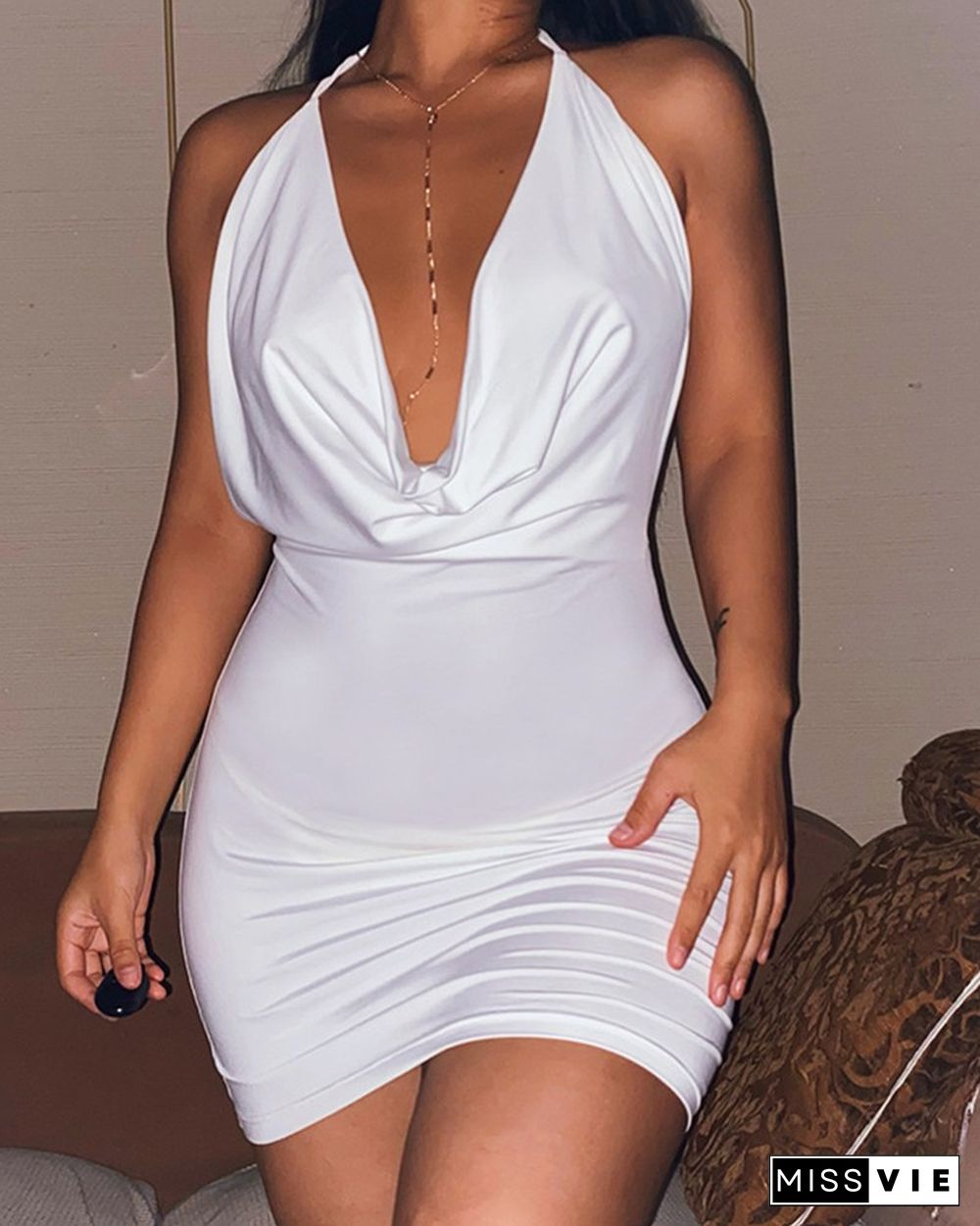 Solid Color Deep V-Neck Bodycon Dress