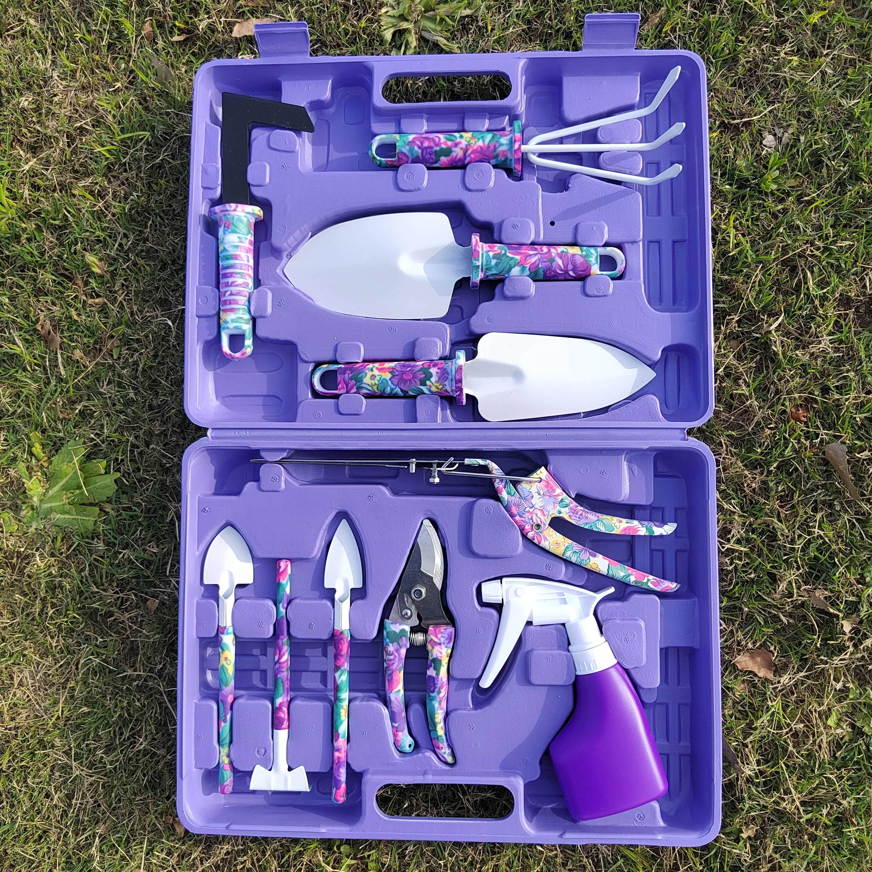 Wholesale 10 Pieces Printed Gardening Hand Tools and Succulent Kits in Purple Color with Organizing Case