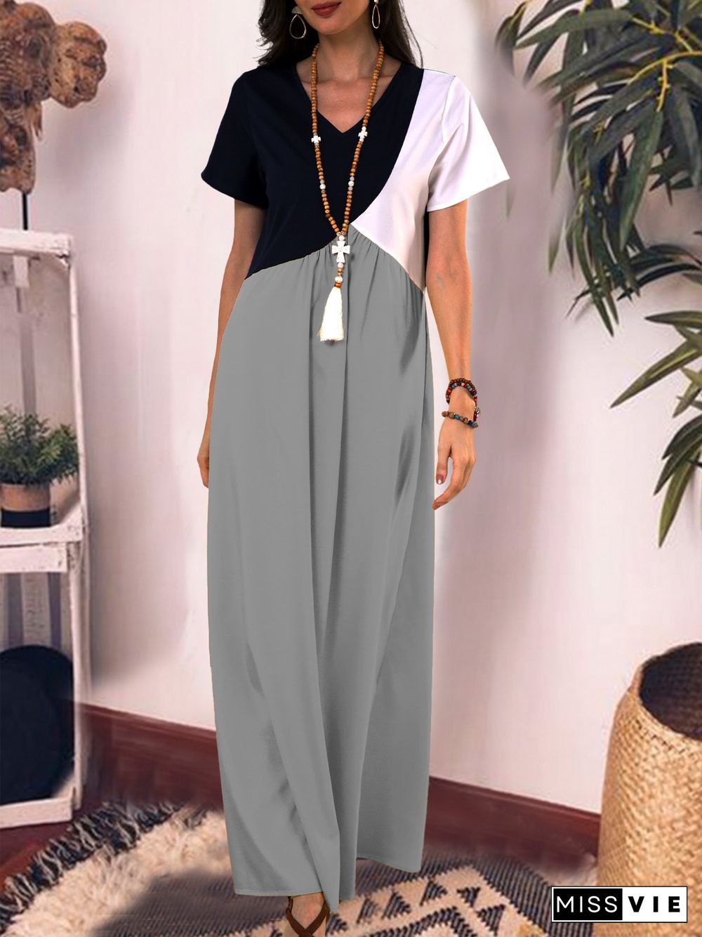 Women Casual Solid Color Cotton V Neck Plus Size Maxi Dresses