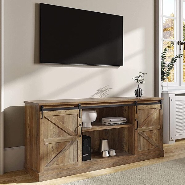 TV Stand for TVs up to 65 Inch， Modern Entertainment Center Home Media Console Table with Sliding Barn Door and Open Shelves