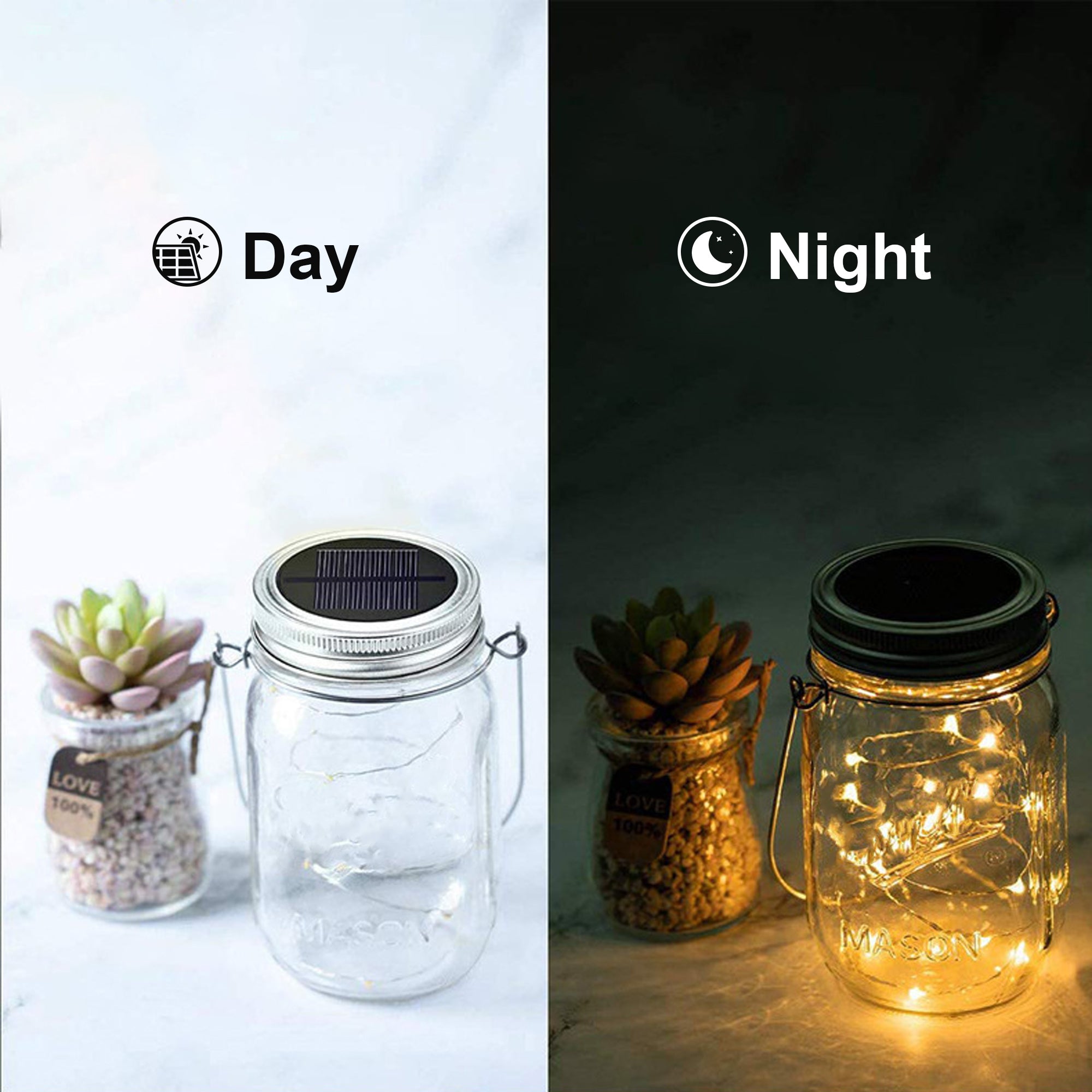 4Pcs Solar Mason Jar Lid Lights+2x Shepherd Hooks-Hanging Lanterns+2x Mason Jars， Perfect Patio Garden Wedding Pathway Outdoor LED Lights， No Wiring Required (2-Pack)