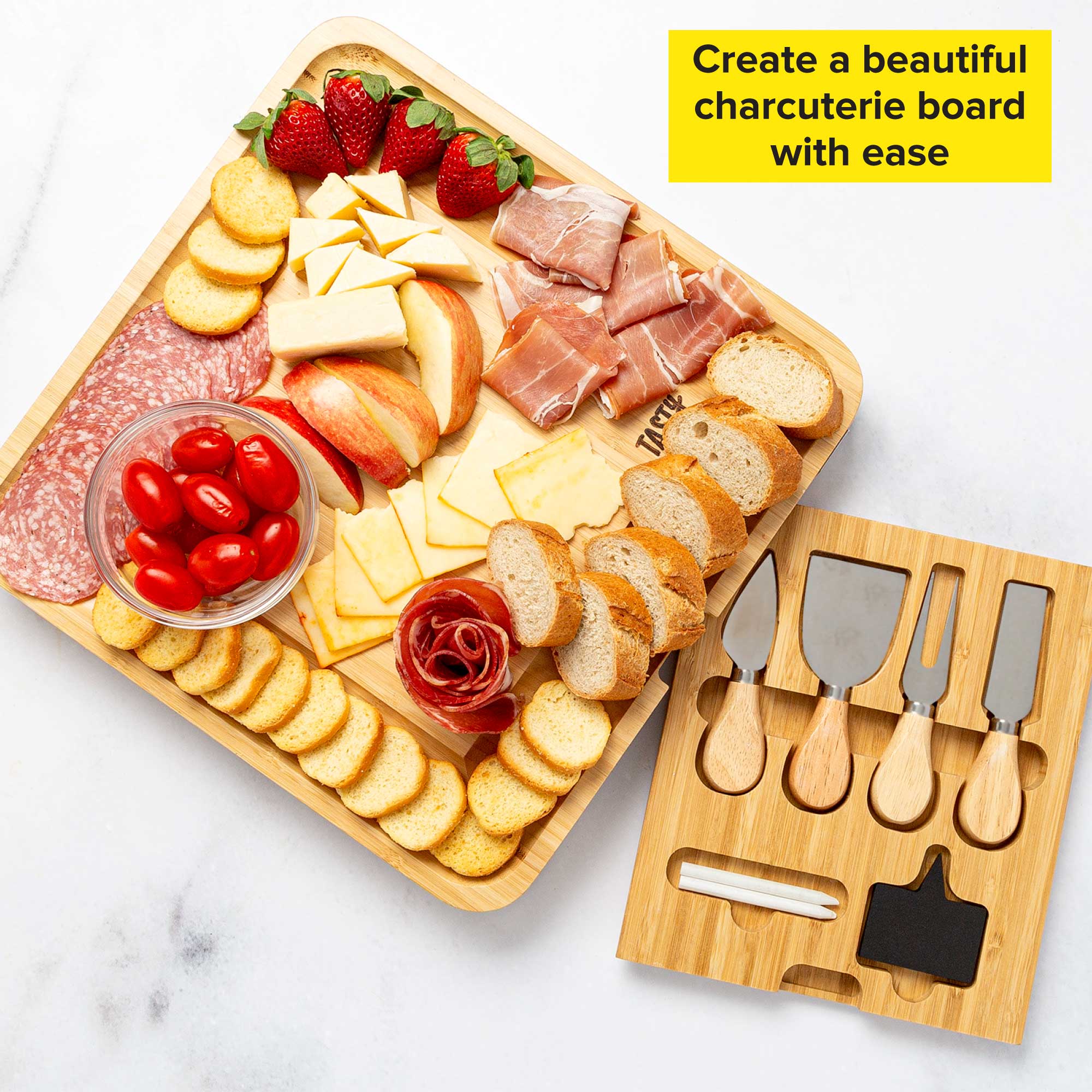 Tasty Natural Bamboo Cheese Board and Charcuterie Tray with Hidden Drawer， Utensils， Markers， and Chalk， 13