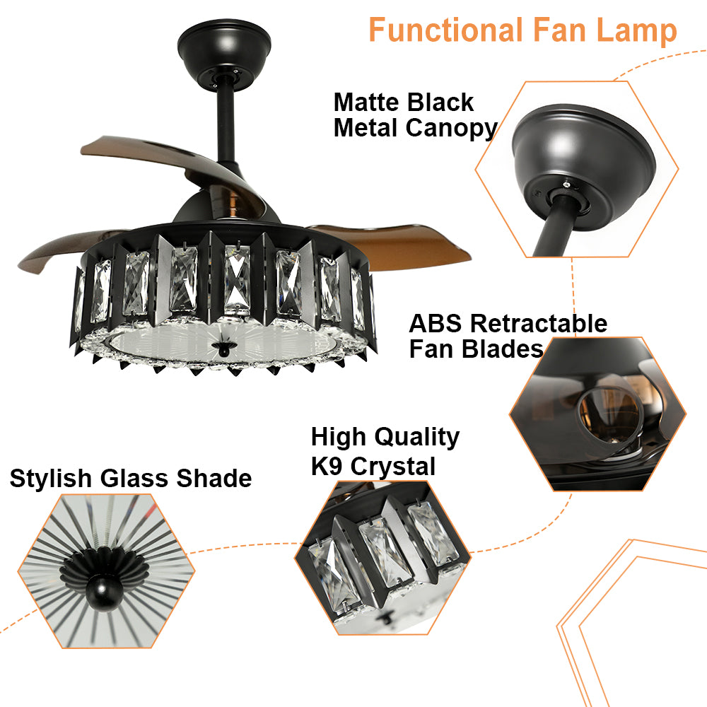 DingLiLighting Remote LED Crystal Ceiling Fans with Light,Industrial Ceiling Fan Lighting with Retractable Blades for Bedroom, Black Ceiling Fan Light Kit, 3 Wind Speeds,Timing