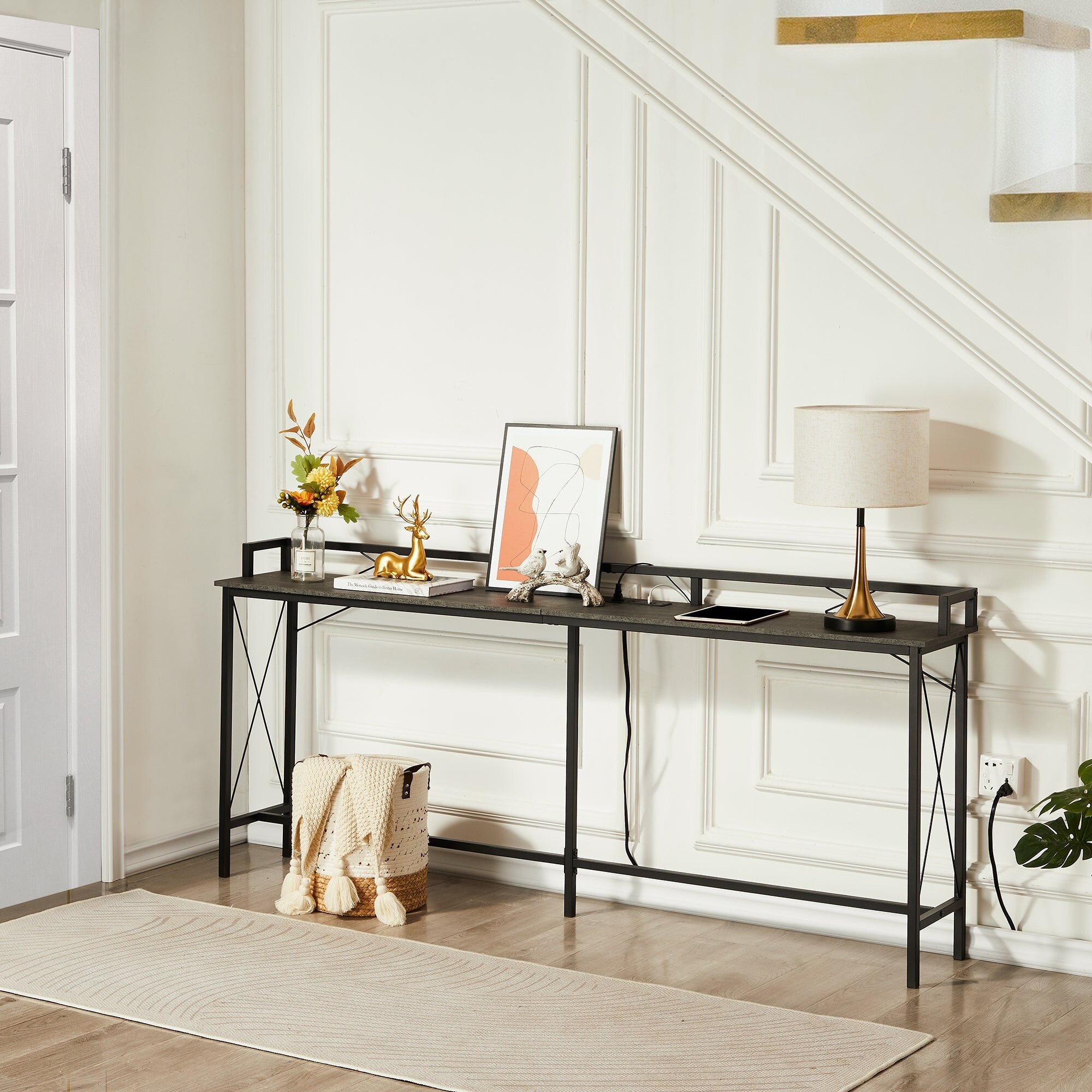 Extra Long Console/Sofa Table with Charging StationandPower Outlet， Charcoal Grey