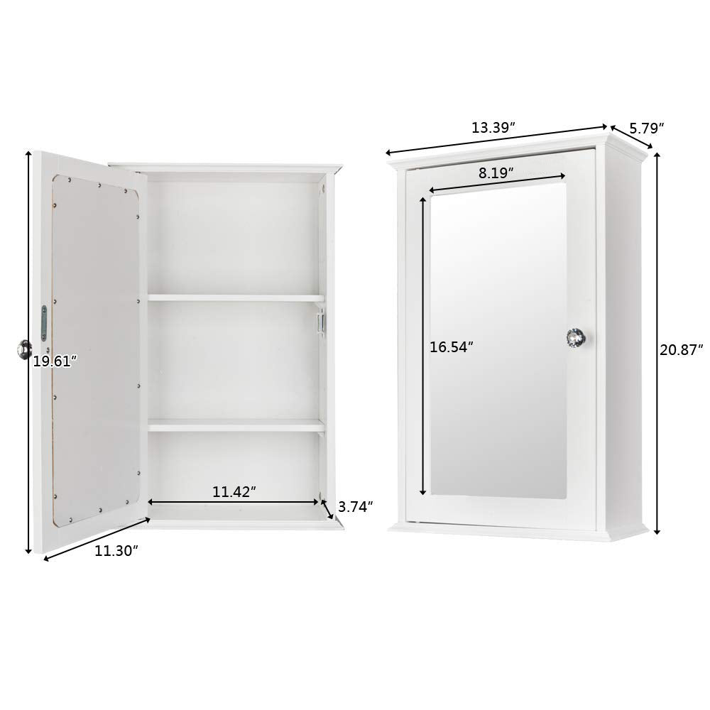 FCH Mirrored Bathroom Cabinet Wall Mount Storage Cabinet Single Doors Medicine Cabinet White