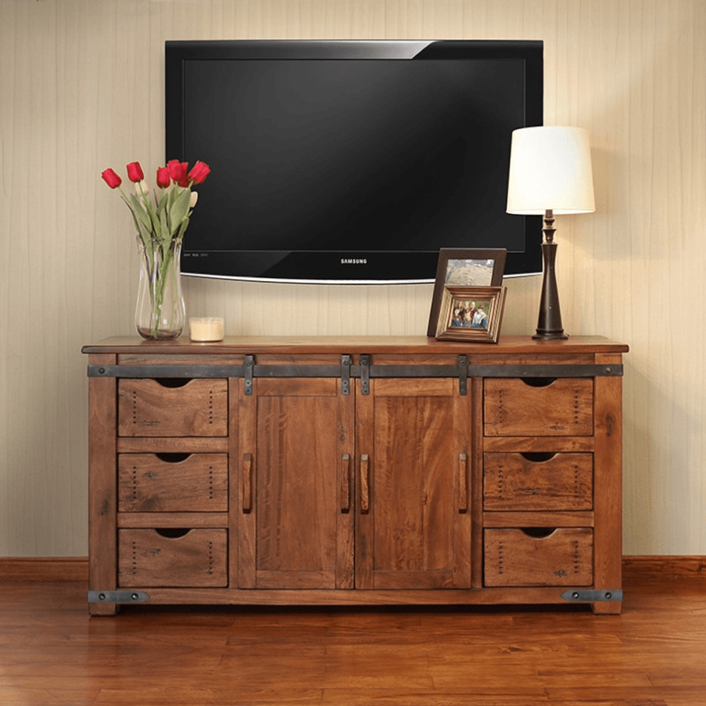 70 quotBrown Solid Wood Cabinet Enclosed Storage Distressed TV Stand   Rustic   Entertainment Centers And Tv Stands   by HomeRoots  Houzz