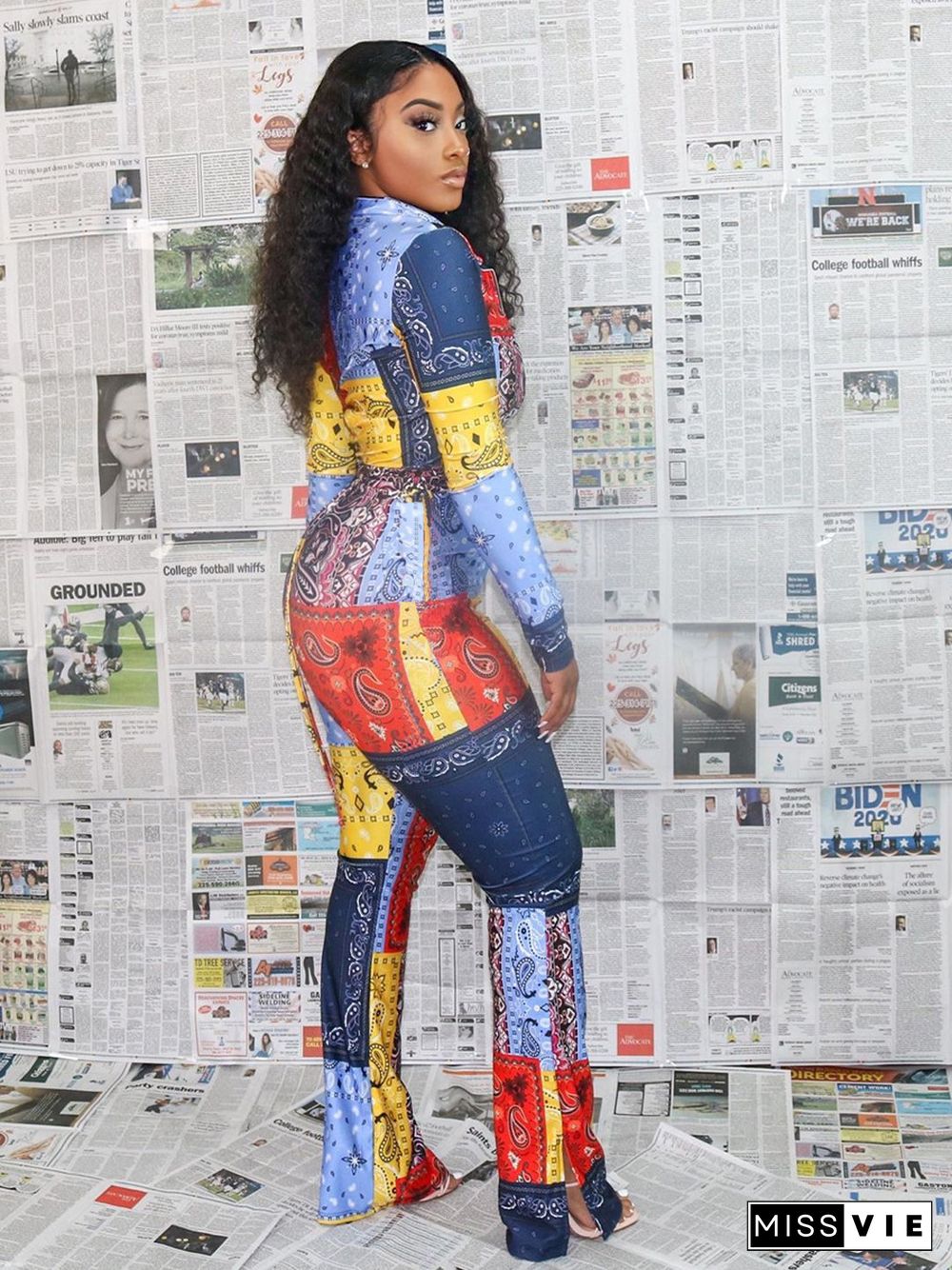 Paisley Printed Casual Long Sleeve Bodycon Jumpsuits