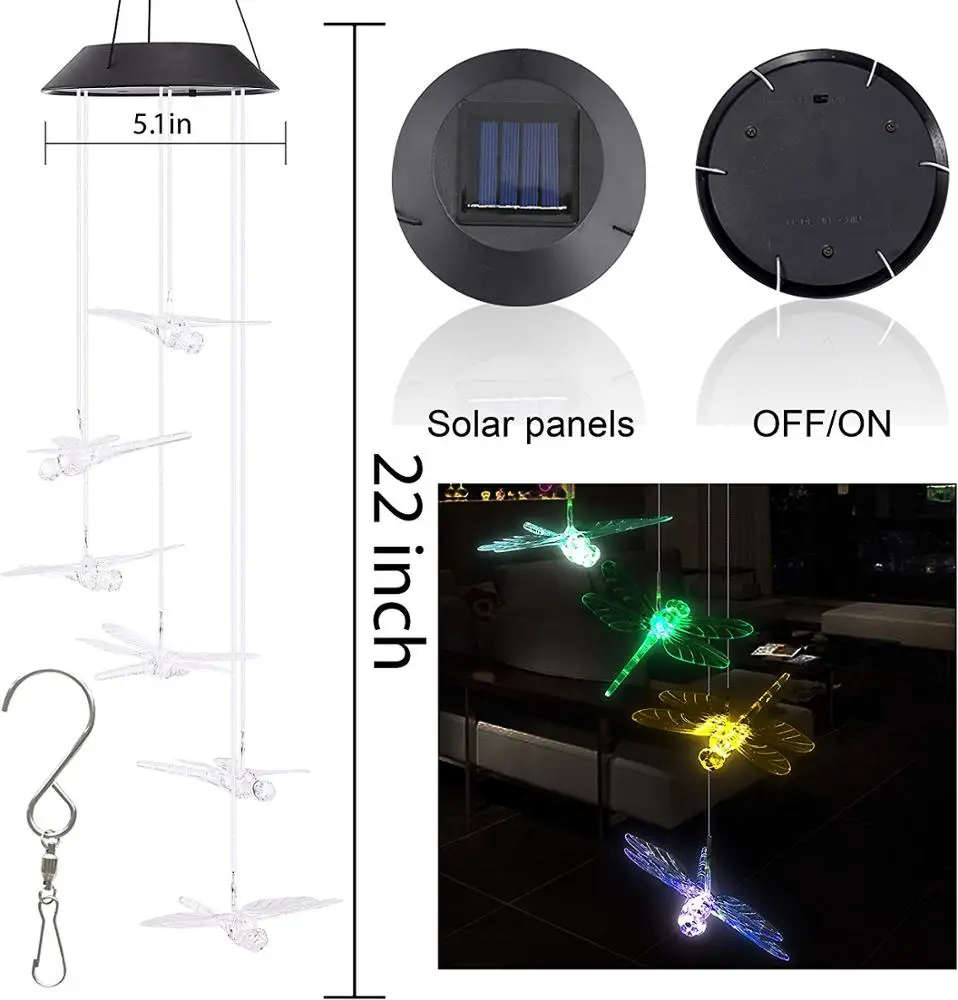 Factory supply New Solar Light Dragonfly Wind Chimes Solar Hummingbird Wind Chime