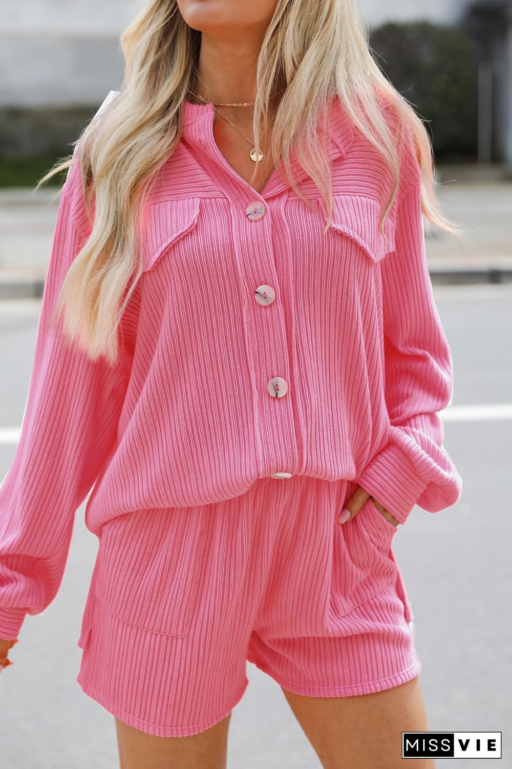 Pink Ribbed Knit Button Top and Shorts Set