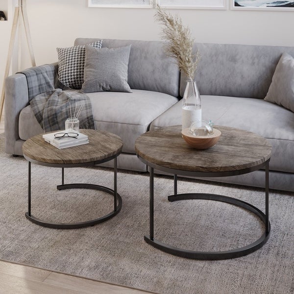 Round Coffee Table Set - 2-Piece Nesting Tables to Use Together or Separately - Modern Farmhouse Style (Gray-Brown)