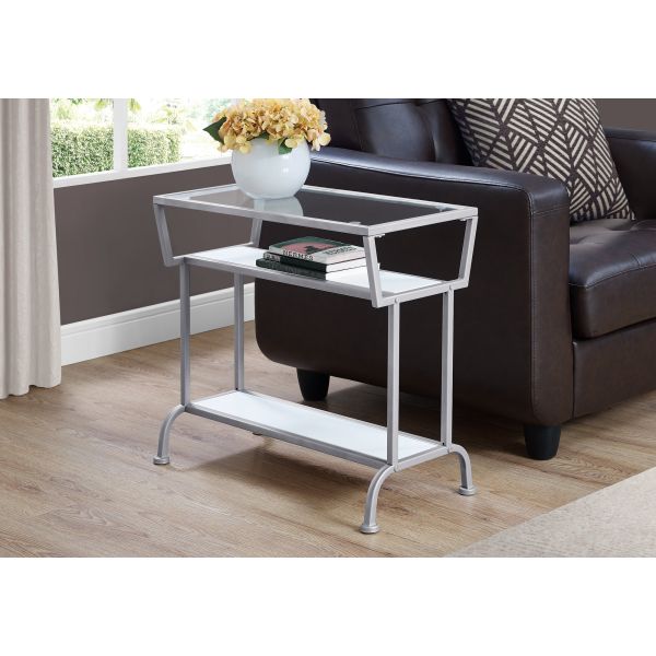 Accent Table， Side， End， Narrow， Small， 2 Tier， Living Room， Bedroom， White Laminate， Grey Metal， Contemporary， Modern