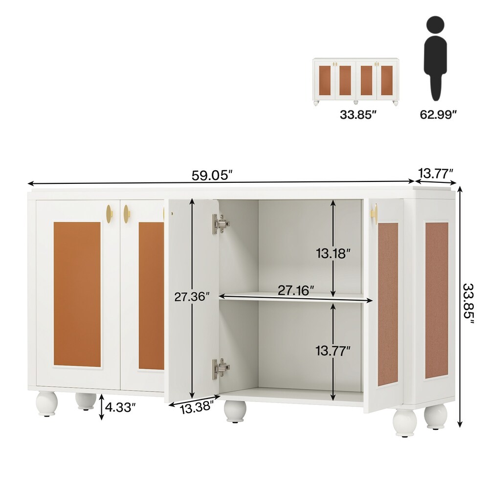 4 Door Sideboard Buffet Storage Cabinet with Orange Leather Doors and Adjustable Shelves for Kitchen Dining Room