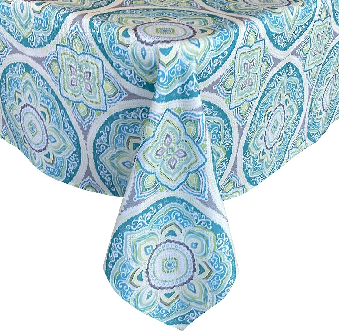 Santorini Sea Glass Mosaic Indoor/Outdoor Fabric Tablecloth - Mediterranean Medallion Stain, Water Resistant Heavy Weight Tablecloth, 60 X 84 Oblong Zippered Patio Umbrella Tablecloth