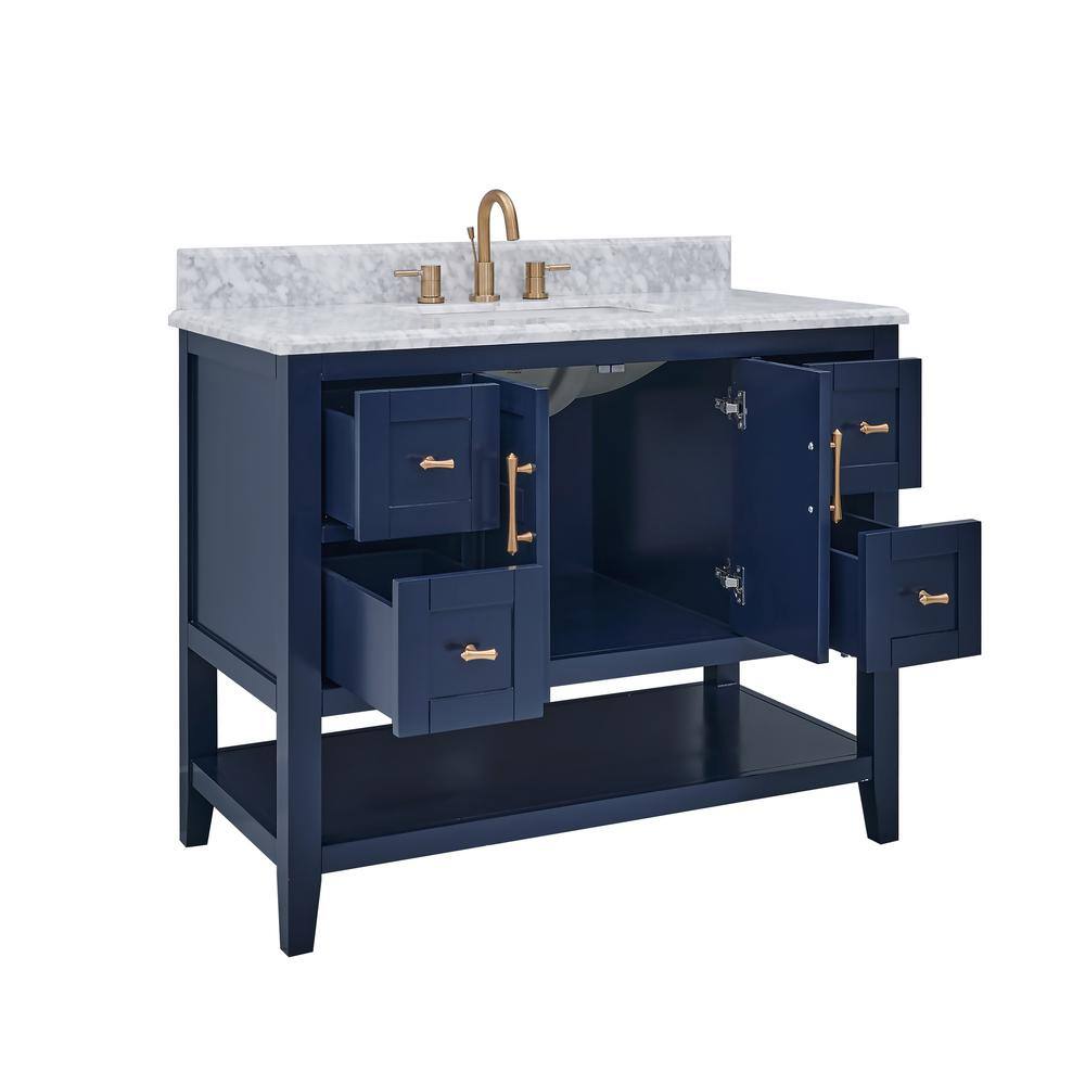 Home Decorators Collection Sturgess 43 in. W x 22 in. D x 35 in. H Open Shelf Vanity in Navy Blue with White Marble Vanity Top 19111S-VS43C-NB