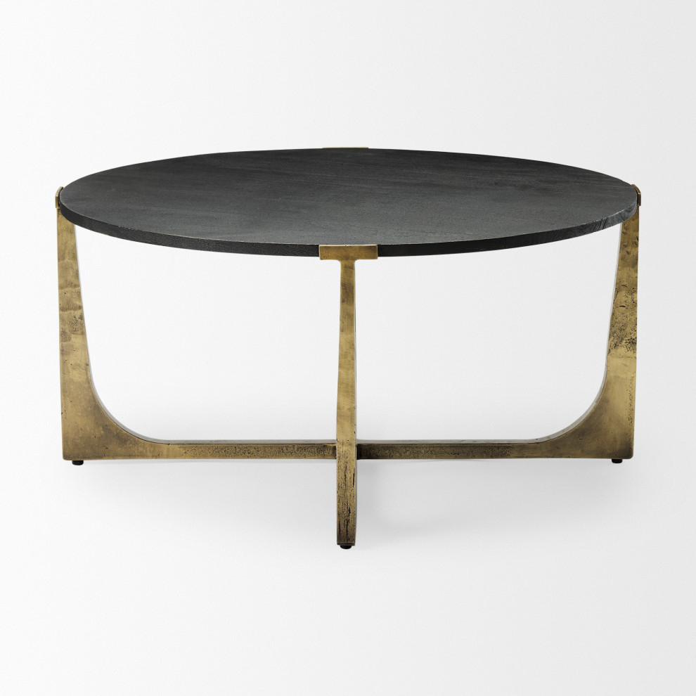 Atticus Black Solid Wood And Antiqued Gold Metal Round Coffee Table   Modern   Coffee Tables   by Mercana  Houzz