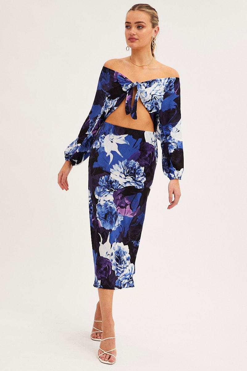 Abstract Print Slip Skirt Midi Satin
