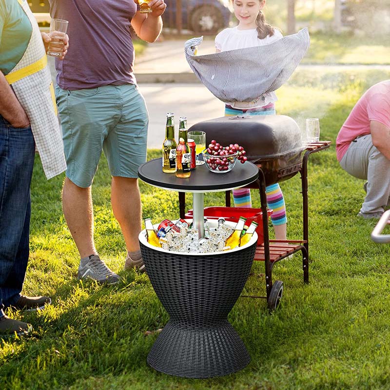 3-in-1 Rattan Outdoor Patio Bar Side Table with Ice Bucket, 8 Gallon Ice Cooler Wine Cocktail Table for Deck Pool Party