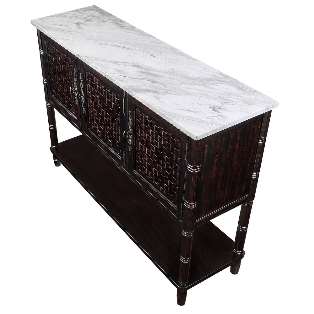 Farmhouse Entryway Console Table  Faux Stone Top  3 Cabinets