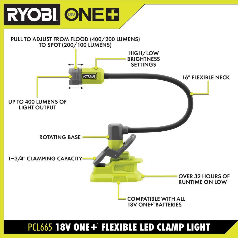 RYOBI ONE+ 18V Cordless Flexible LED Clamp Light (Tool Only) PCL665B