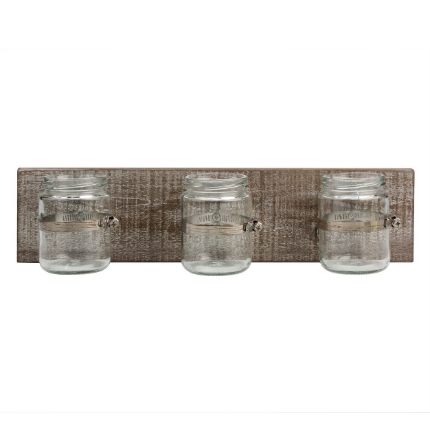 X 3 7 quot Rustic Wooden Wall Decor With 3 Glass Jars Worn White brown Stonebriar Collection