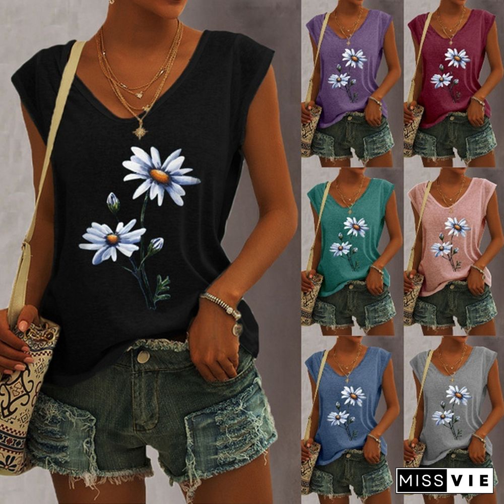 XS-5XL Plus Size Fashion Women Summer Tops Floral Printed Casual Tank Tops Loose Sleeveless V-neck Vest