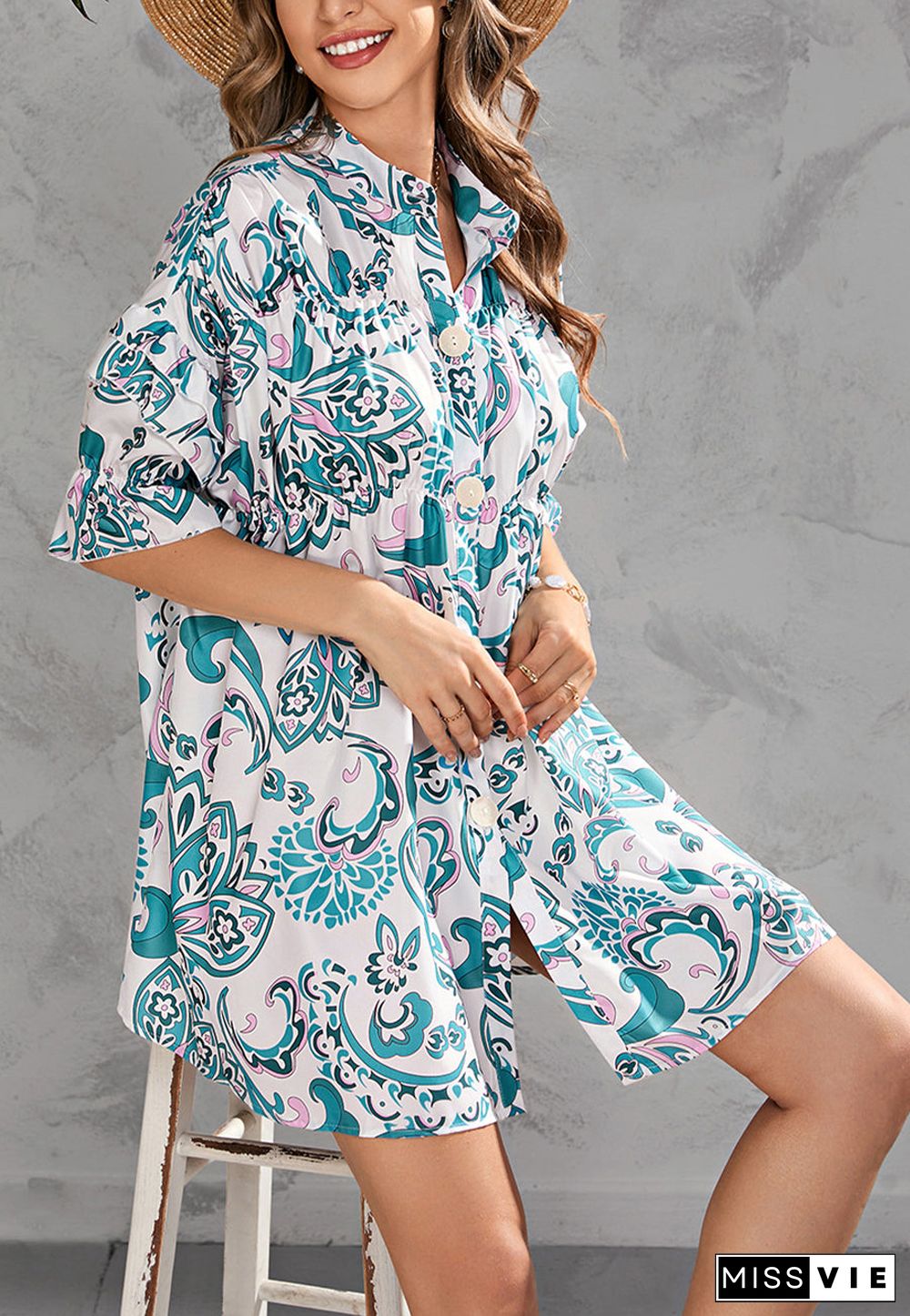 Printed Front Down Button Dress