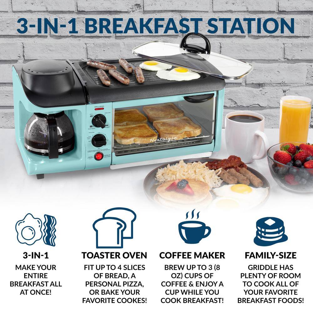 Nostalgia Retro 3-in-1 Aqua Electric Breakfast StationWith Non Stick Die Cast GrillGriddle4 Slice Toaster Oven and Coffee Maker BST3AQ