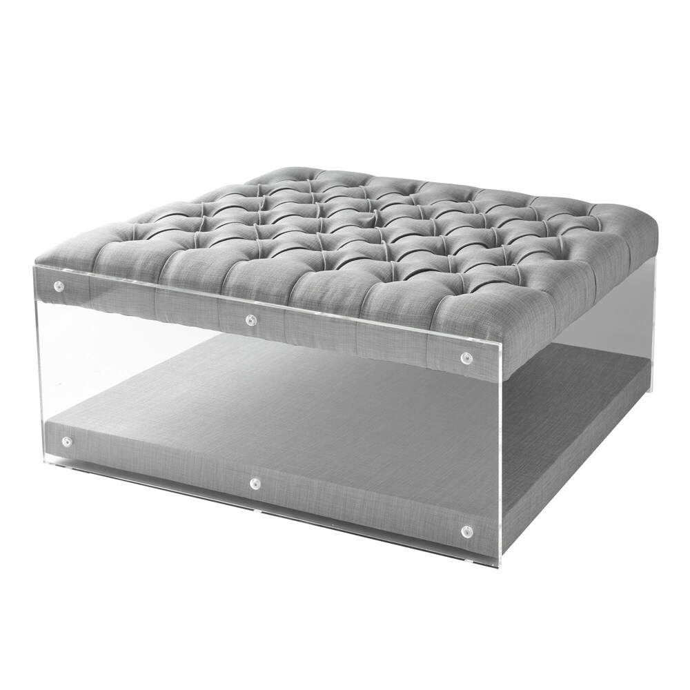 Sophia Contemporary Oversized Linen Clear Acrylic Sides Ottoman