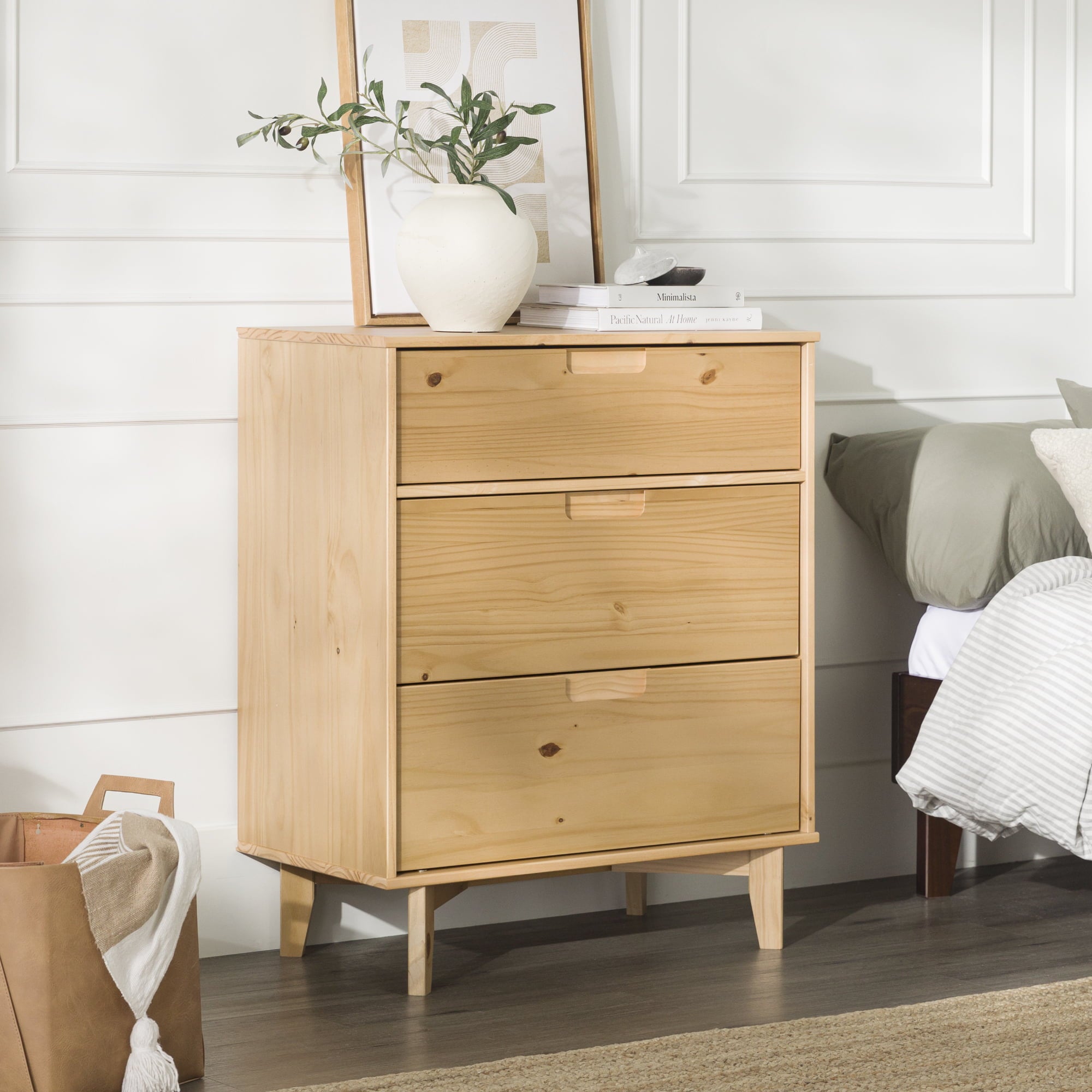 Manor Park 3-Drawer Groove Handle Solid Wood Dresser - Natural Pine