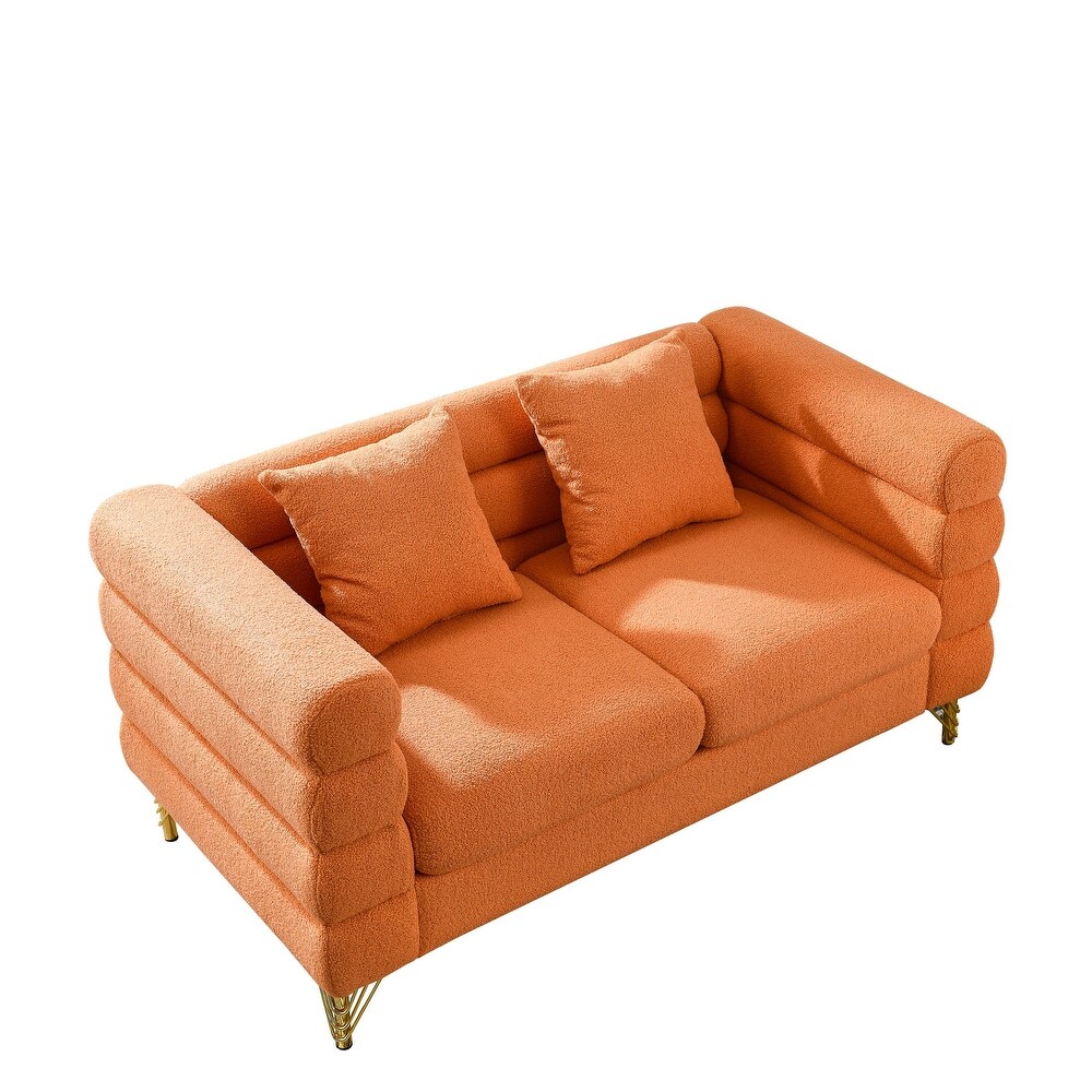 Stacked Sectional Sofa Sets Teddy Fabric Loveseat Sofa Curved Side Settee Sets with Lumbar Pillows for Living Room  Orange