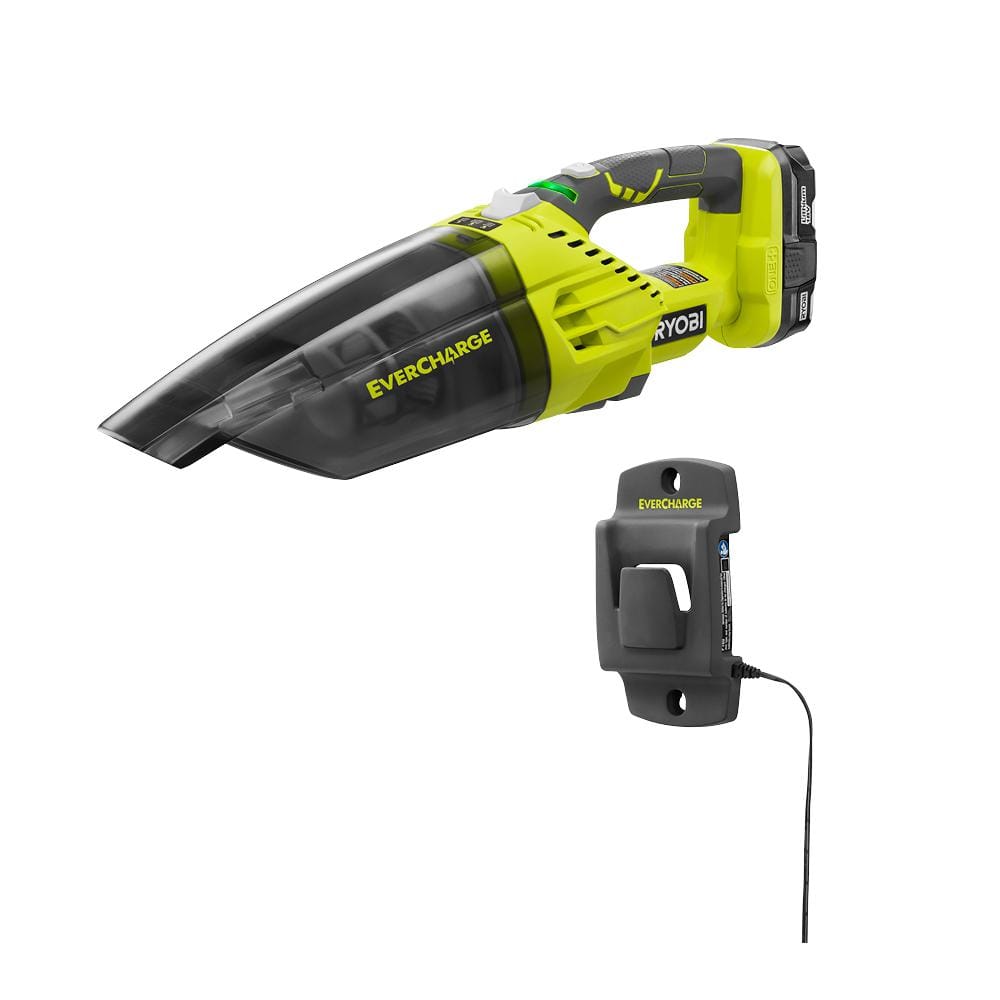 RYOBI ONE+ 18V Lithium-Ion Cordless EVERCHARGE Hand Vacuum Kit with 1.3 Ah Compact Battery and Wall Adaptor/Charger P714K