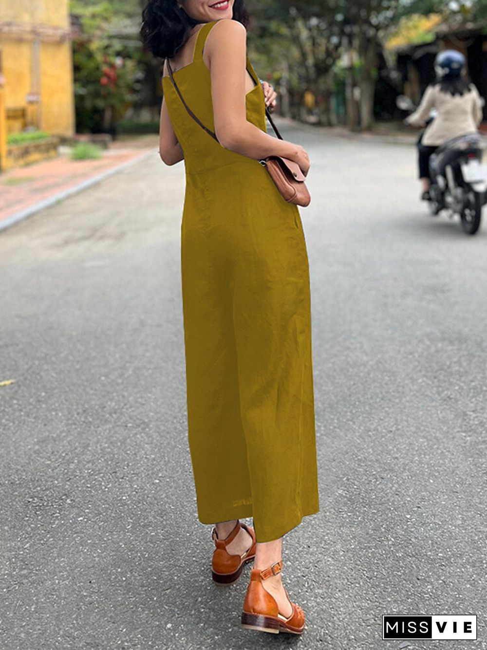 Solid Pocket Square Collar Sleeveless Wide Leg Jumpsuit