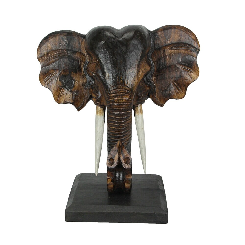 Carved Wood African Elephant Head Bust Wall Sculpture With Stand   17.5 X 16.5 X 9.75 inches