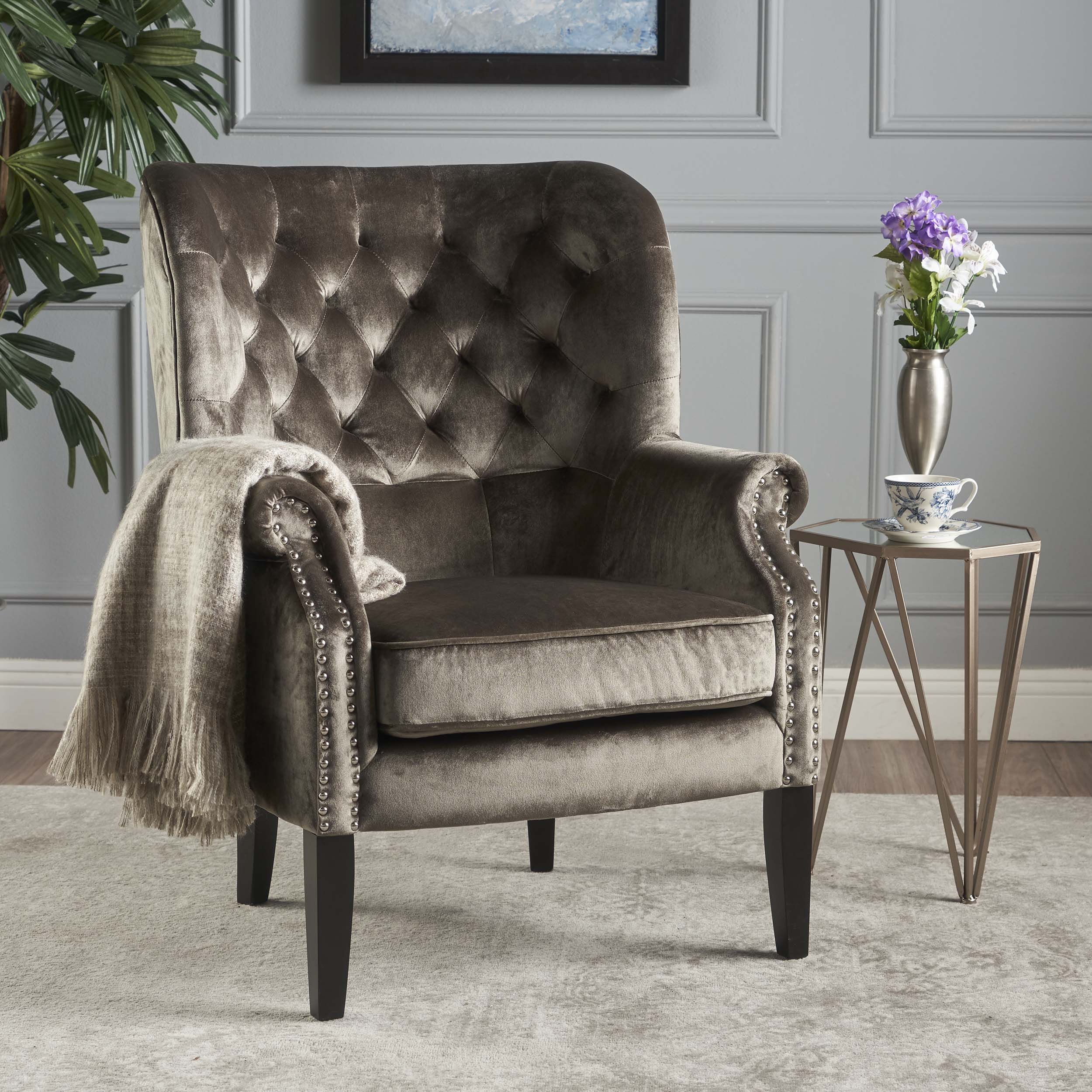 Tomlin Modern Glam Velvet Club Chair with Nailhead Trim