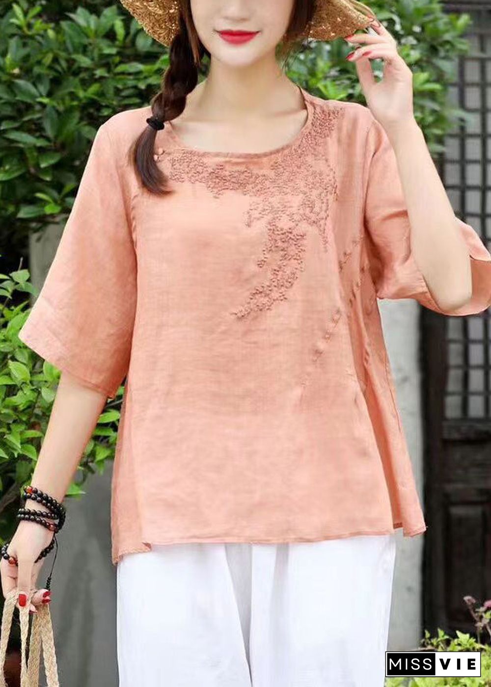 Women Orange O-Neck Embroideried Linen Shirt Top Short Sleeve