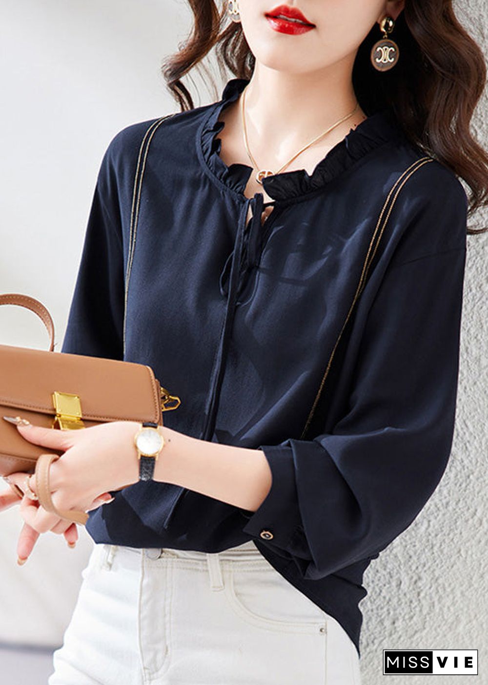 Chic Navy Neck Tie Patchwork Chiffon Shirt Long Sleeve