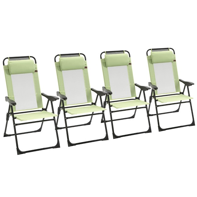 Outsunny Set Of 4 Folding Patio Chairs Camping Chairs With Adjustable Sling Back Removable Headrest Armrest For Garden Backyard Lawn Green