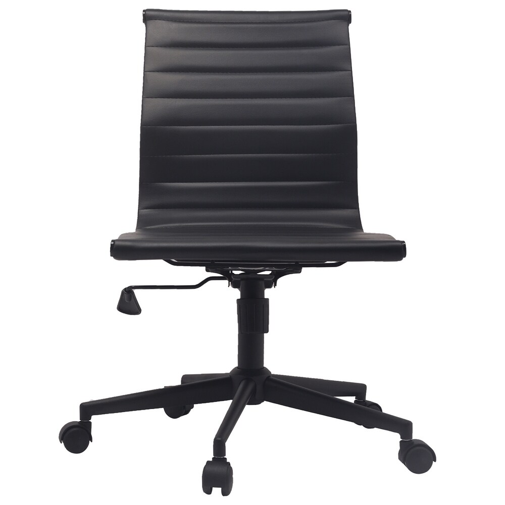 Brown Adjustable Mid Back Office Chair: Sleek Swivel  PU Leather  Armless  Ribbed