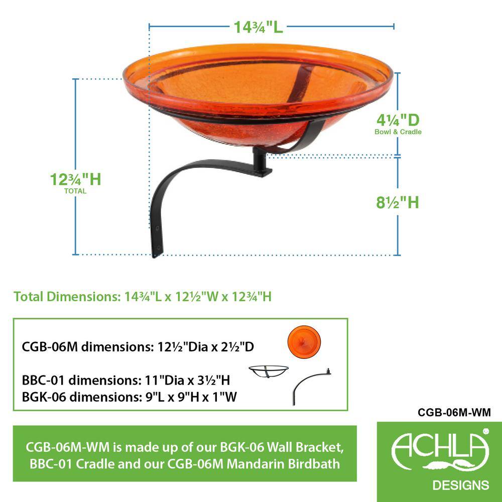 ACHLA DESIGNS 12.5 in. Dia Mandarin Orange Reflective Crackle Glass Birdbath Bowl with Wall Mount Bracket CGB-06M-WM