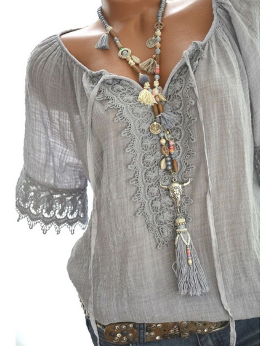 Polyester Tie Collar  Decorative Lace  Plain  Short Sleeve Blouses