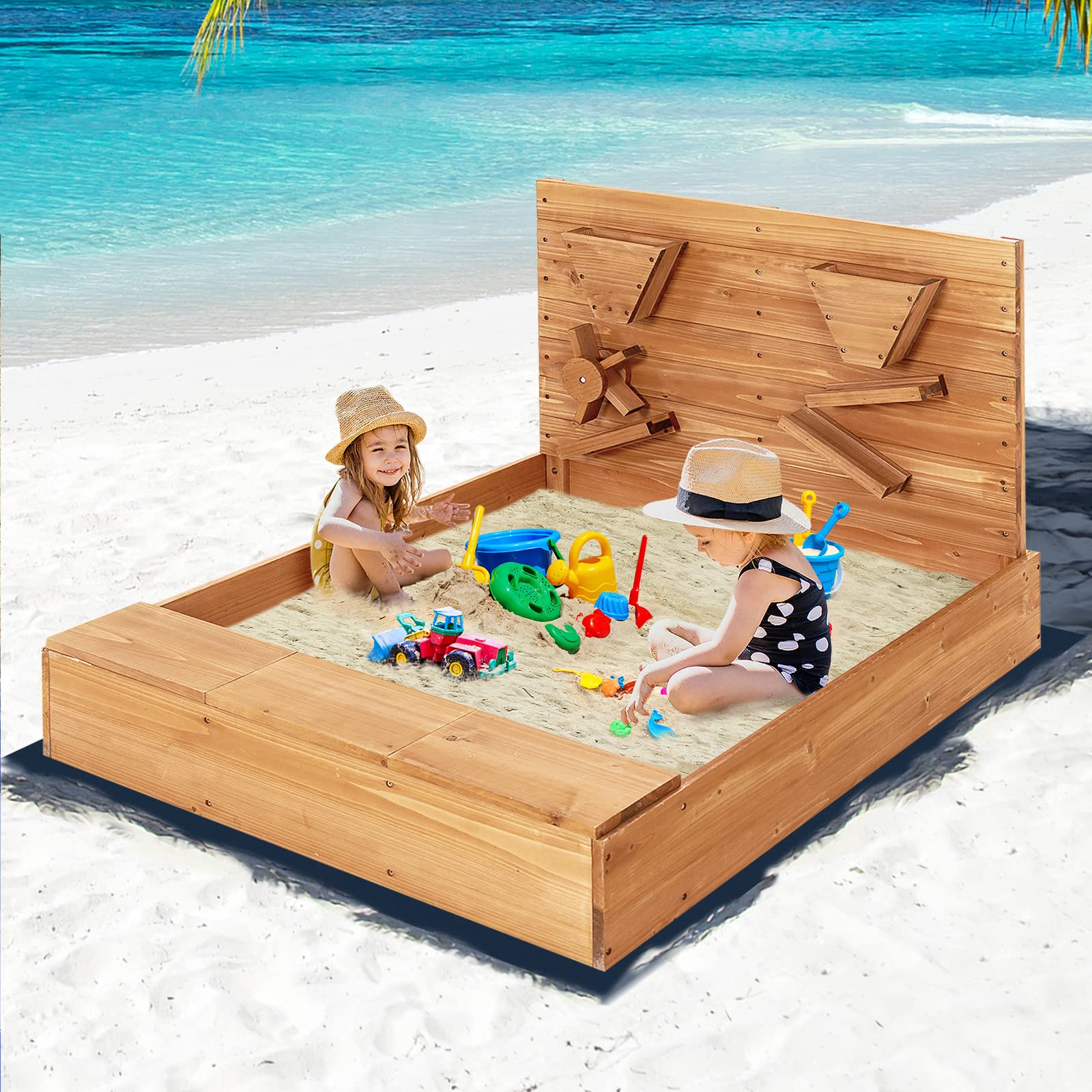 Costzon Wooden Sandbox with Cover, Sand Wall, Bottom Liner, Bench Seat with Toy Storage Space, Waterproof Coating, Kids Outdoor Play