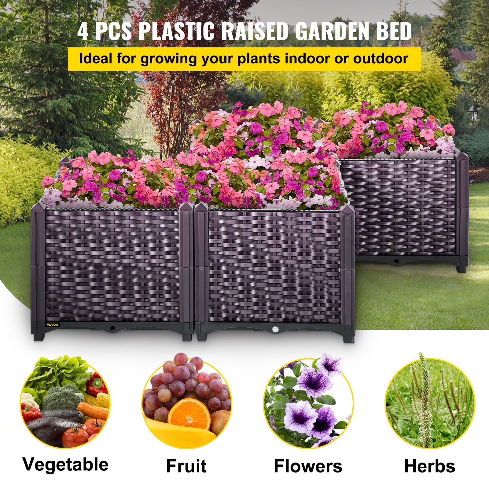 VEVOR Plastic Raised Garden Bed, Set of 5 Planter Grow Box, 14.5" H Self-Watering Elevated for Flowers, Vegetables, Fruits, Herbs, Indoor/Outdoor Use, Brown Realistic Rattan