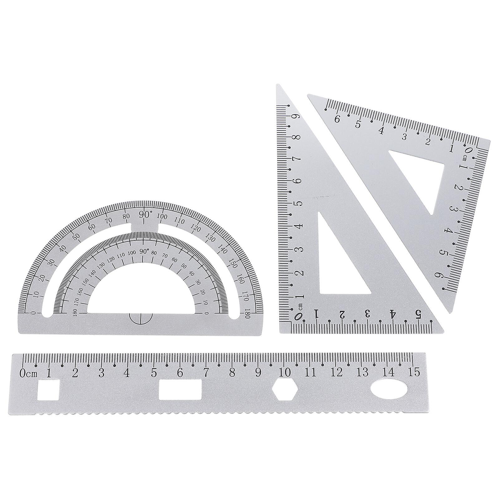 1 Set Of 4pcs Diy Metal Ruler Sturdy Office Metal Ruler Ruler Stationery Set Triangular Plate Protractor Testing Ruler For Pupils Students Silver